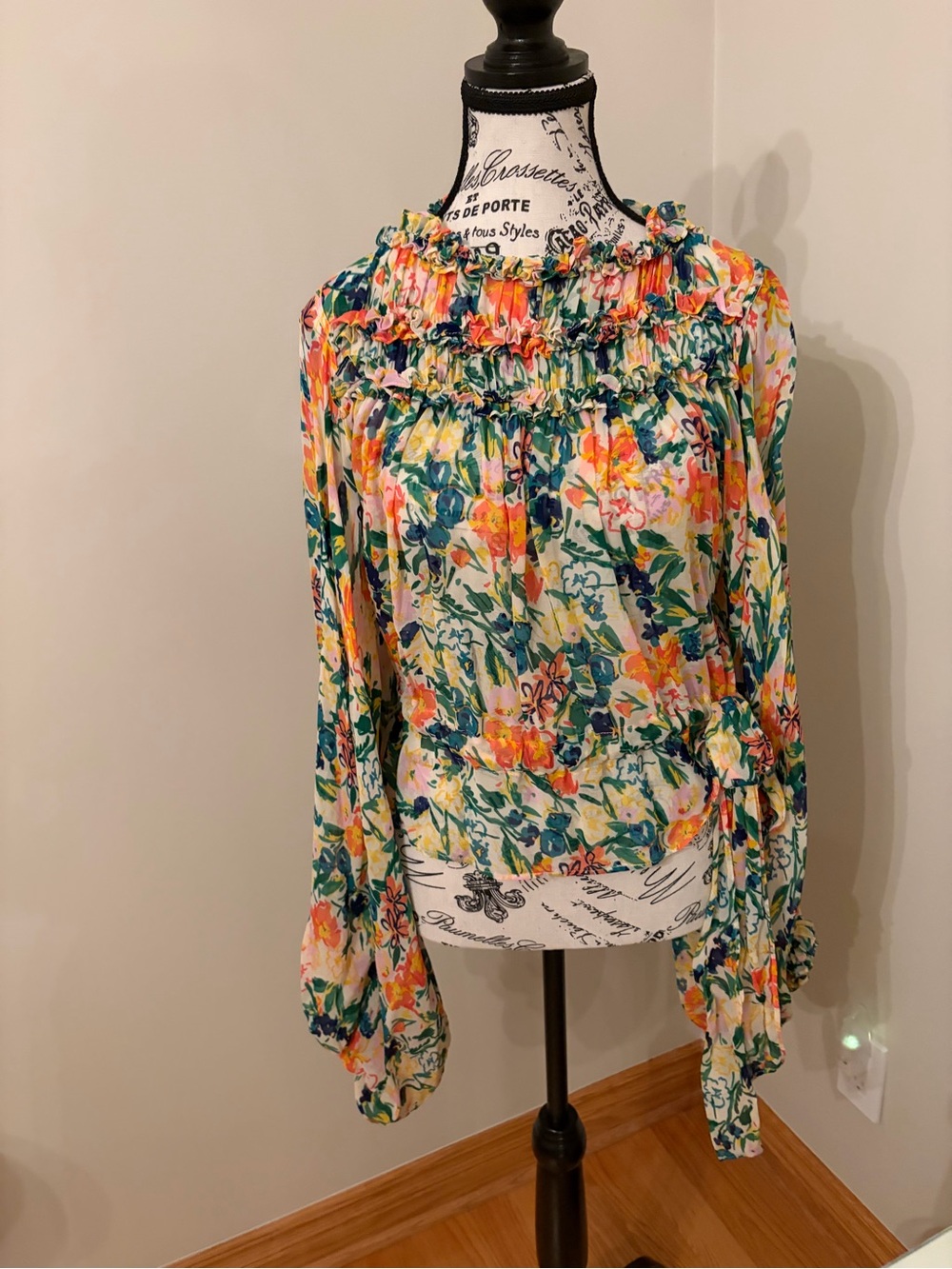 Ted Baker London Floral Ruffled Smocked Neck Blouse - Cream, Yellow, Green, Pink